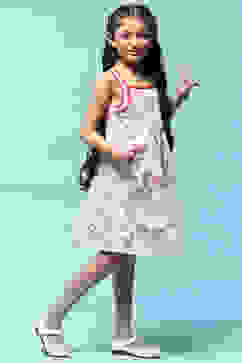 Ecru Red Printed Cambric Dress With Red Lace Detail On Neck image number 4