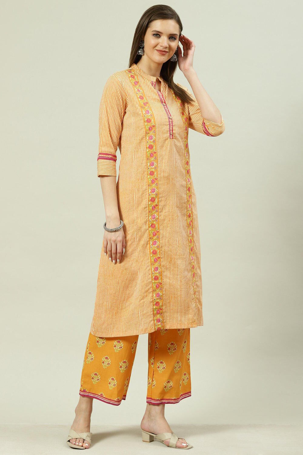 Yellow Cotton A-Line Kurta Palazzo Suit Set image number 3