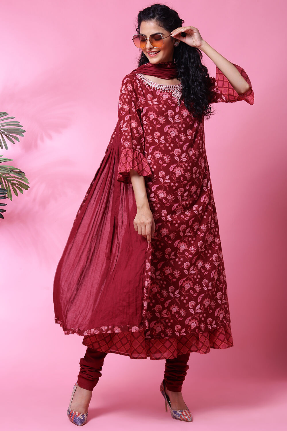 Maroon Cotton Double Layered Kurta Churidar Suit Set image number 0