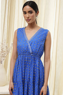 Blue Cotton Printed Tiered Dress image number 1