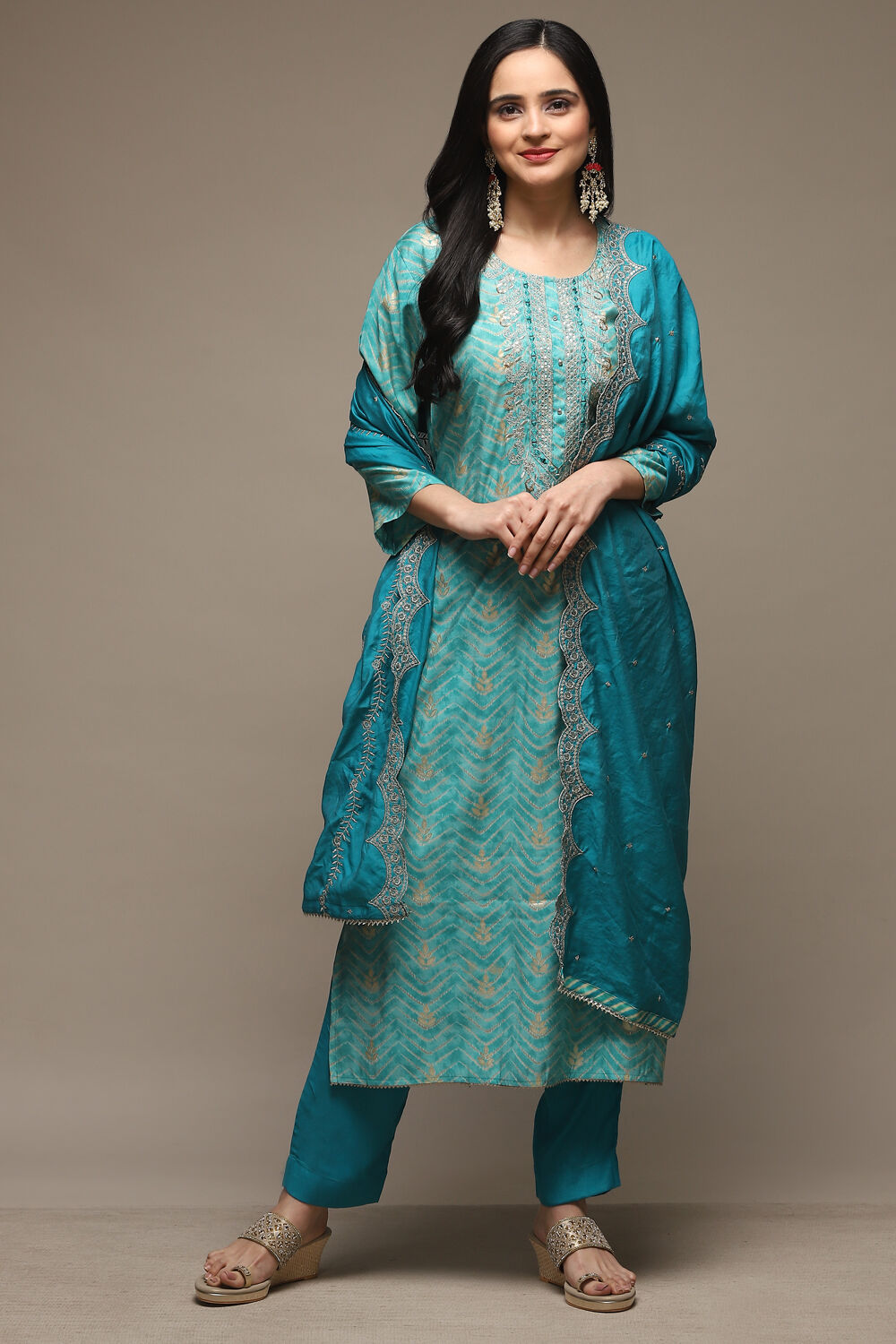 Blue Modal Machine Embroidered Unstitched Suit Set image number 8