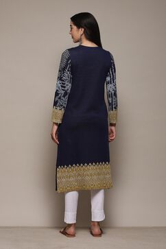 Navy Poly Cotton Straight Yarndyed Kurta image number 3