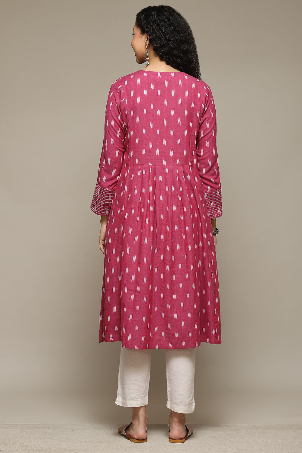 Pink Cotton IKAT Flared Yarndyed Kurta image number 3