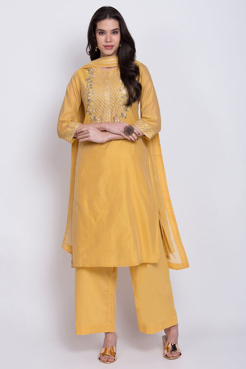 Yellow Poly Cotton Straight Kurta Palazzo Suit Set image number 3