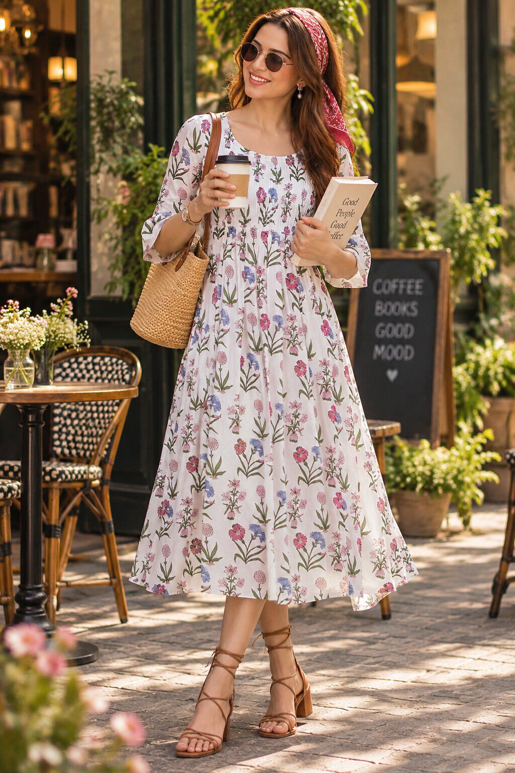 Off White Flared Cotton Printed Dress image number 0