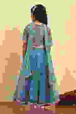 Blue Cotton Printed Kalidar Lehenga Set image number 3