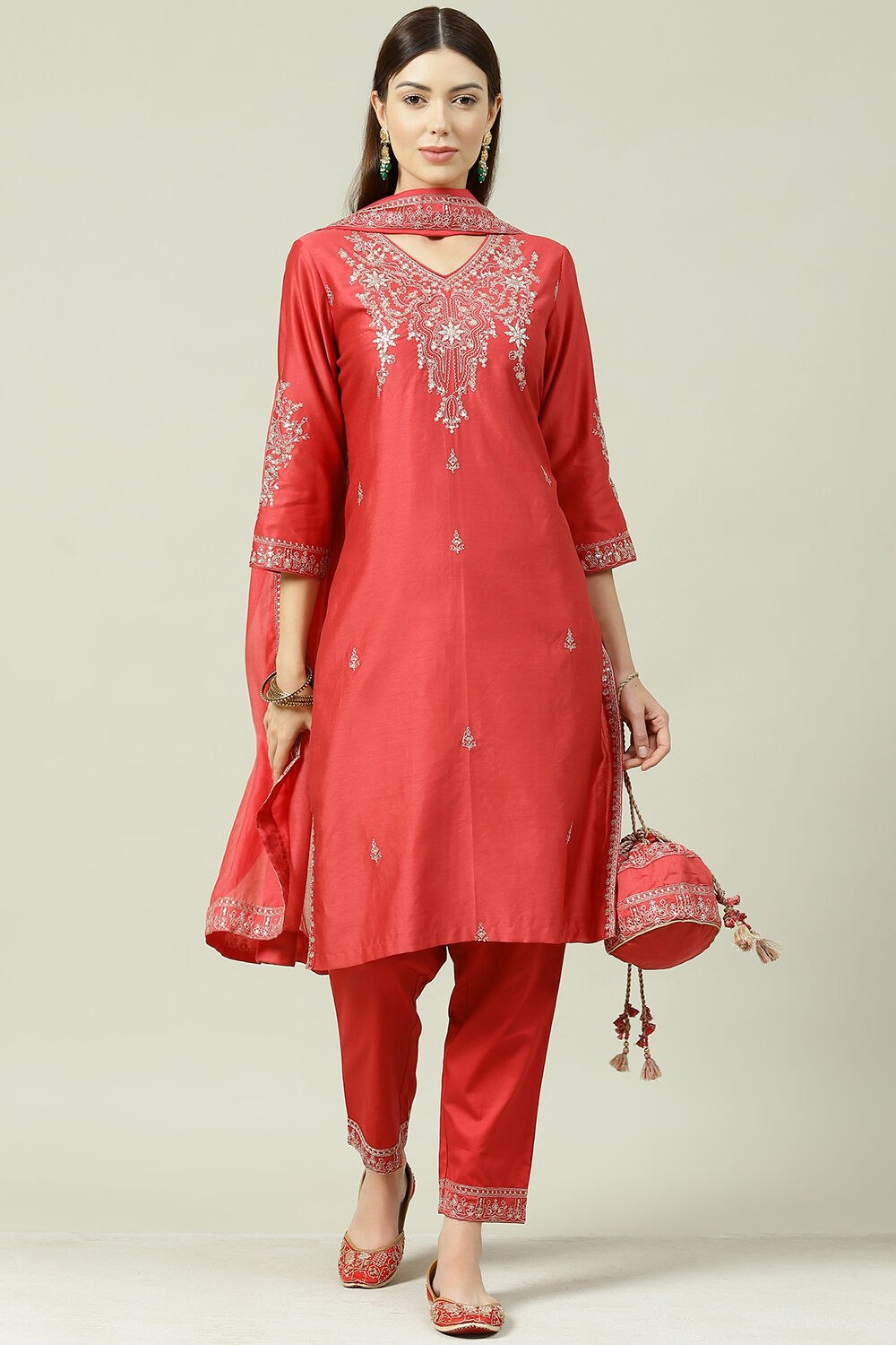 Coral Red Straight Kurta Pants Suit Set image number 0