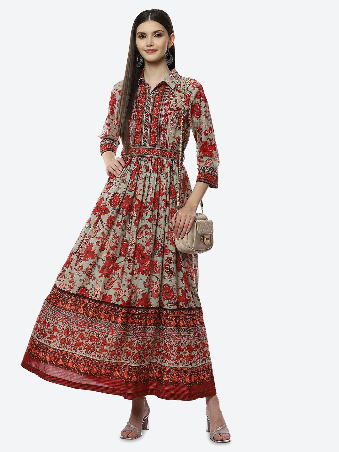 Green Cotton Flared Printed Dress image number 5