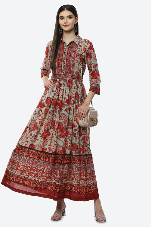Green Cotton Flared Printed Dress image number 5