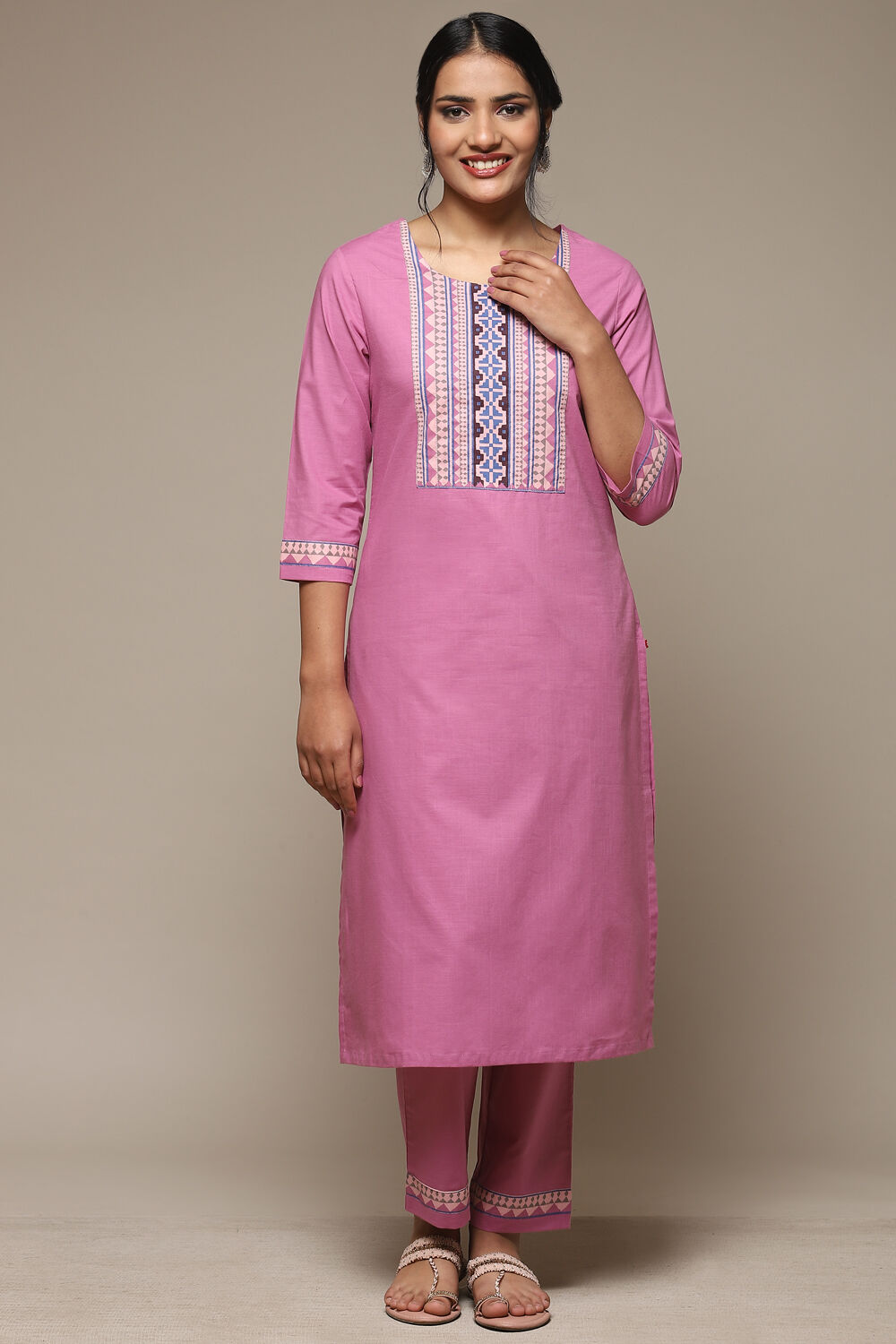 Black Cotton Straight Kurta Pant Suit Set image number 6