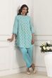 Turquoise Cotton Kalidar Kurta Pants Set