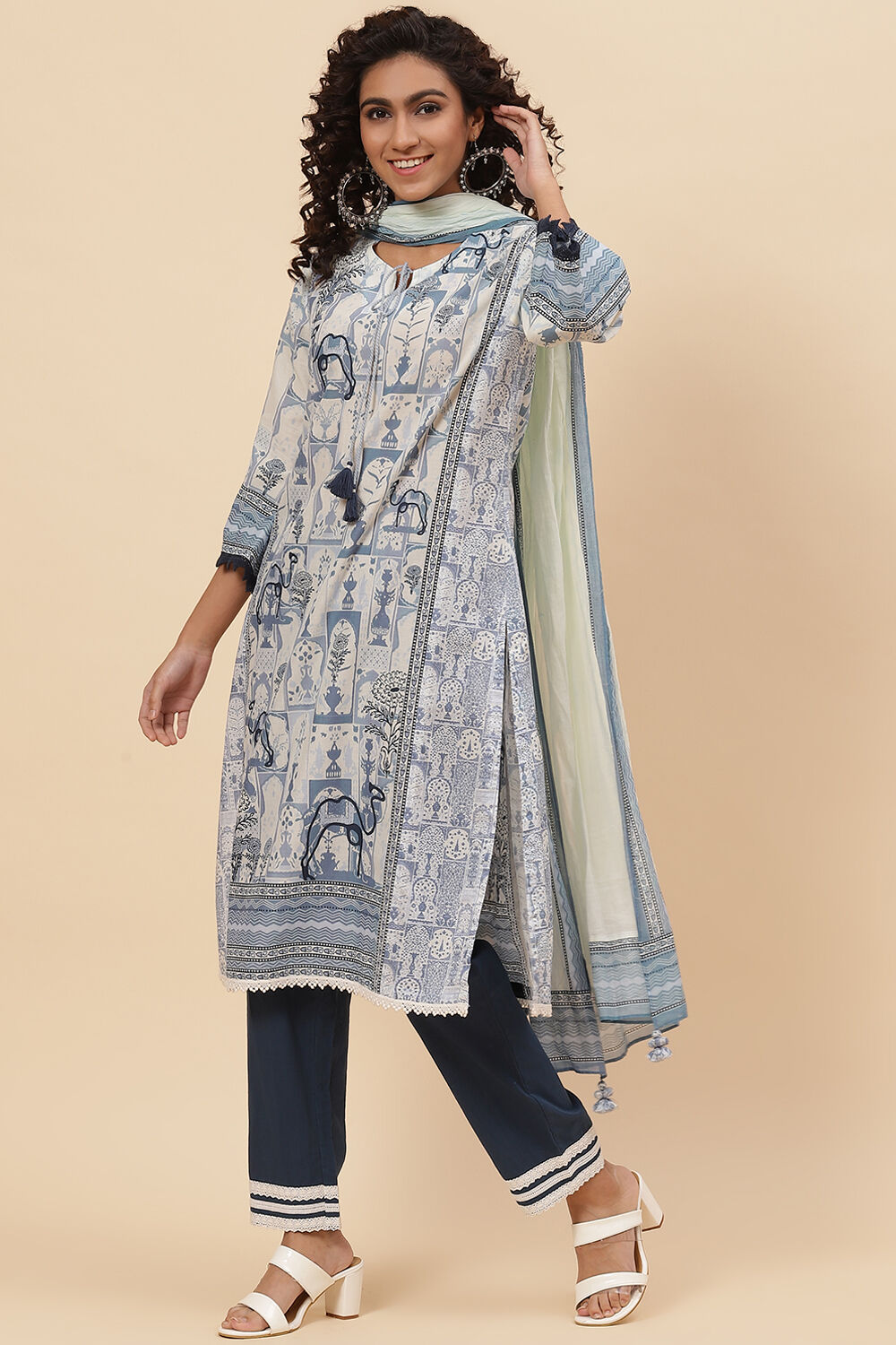 Indigo Cotton Straight Kurta Regular Pant Suit Set image number 5