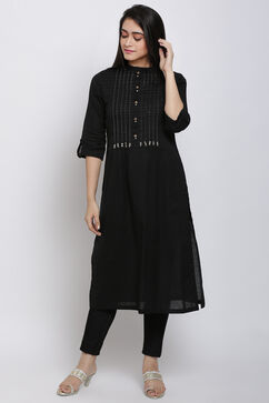 Black Cotton Flax Straight Kurta image number 3