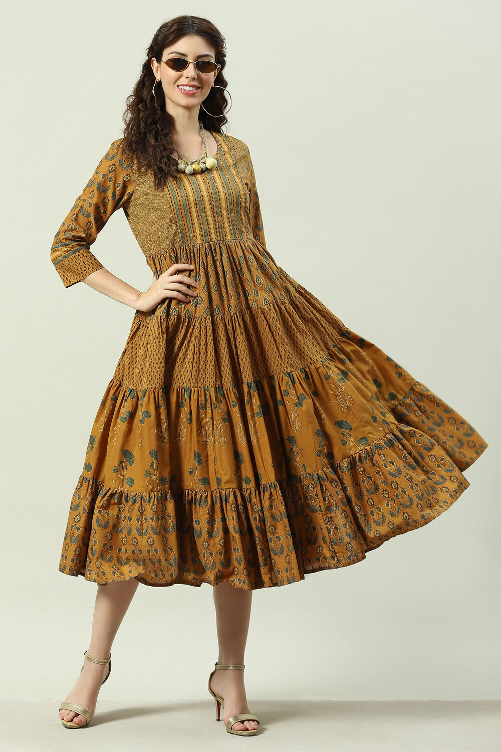 Ochre Cotton Printed Flared Tiered Dress image number 5
