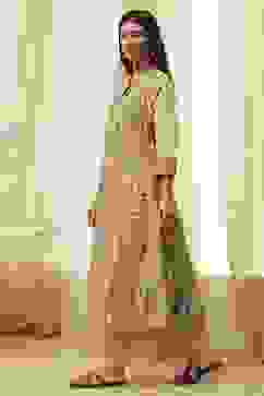 Beige Pure Cotton Floral Kalidar Kurta Set image number 3