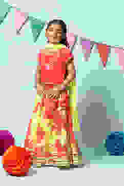 Red & Lime Green Cotton Short Top Lehenga Set image number 5