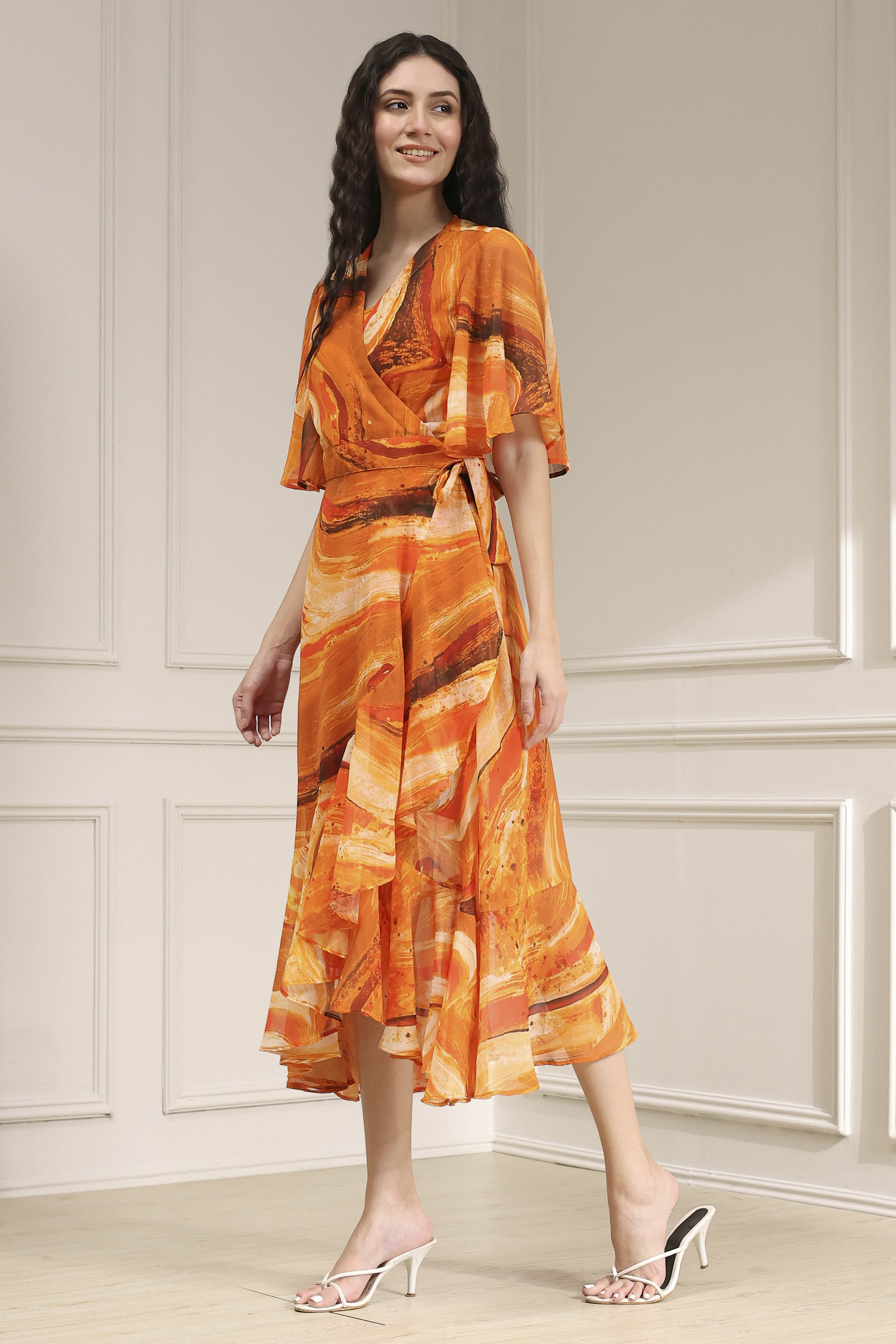 Mustard Yellow Printed Flared Dress image number 2