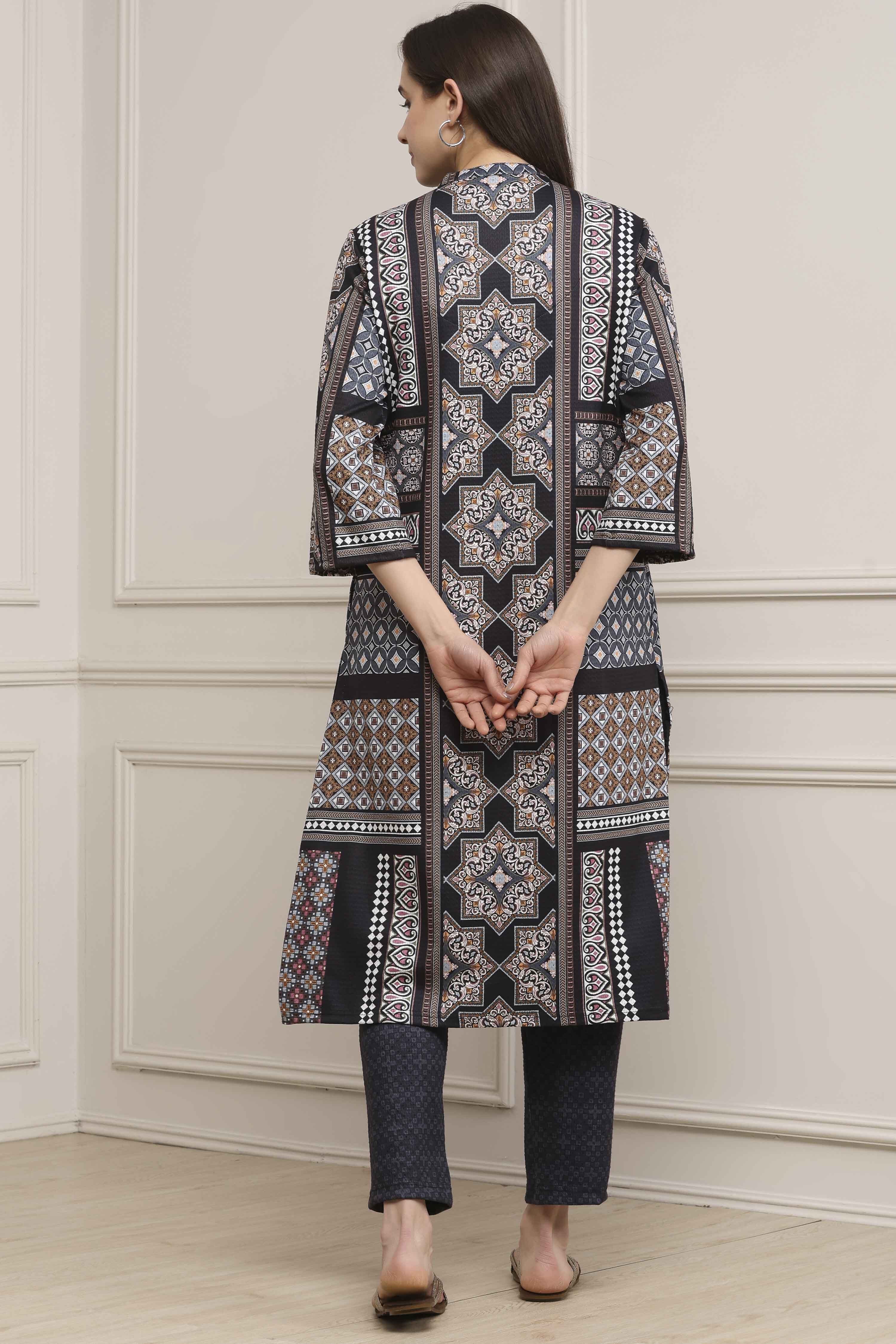 Black Polyester Printed Straight Kurta Pants Set image number 4