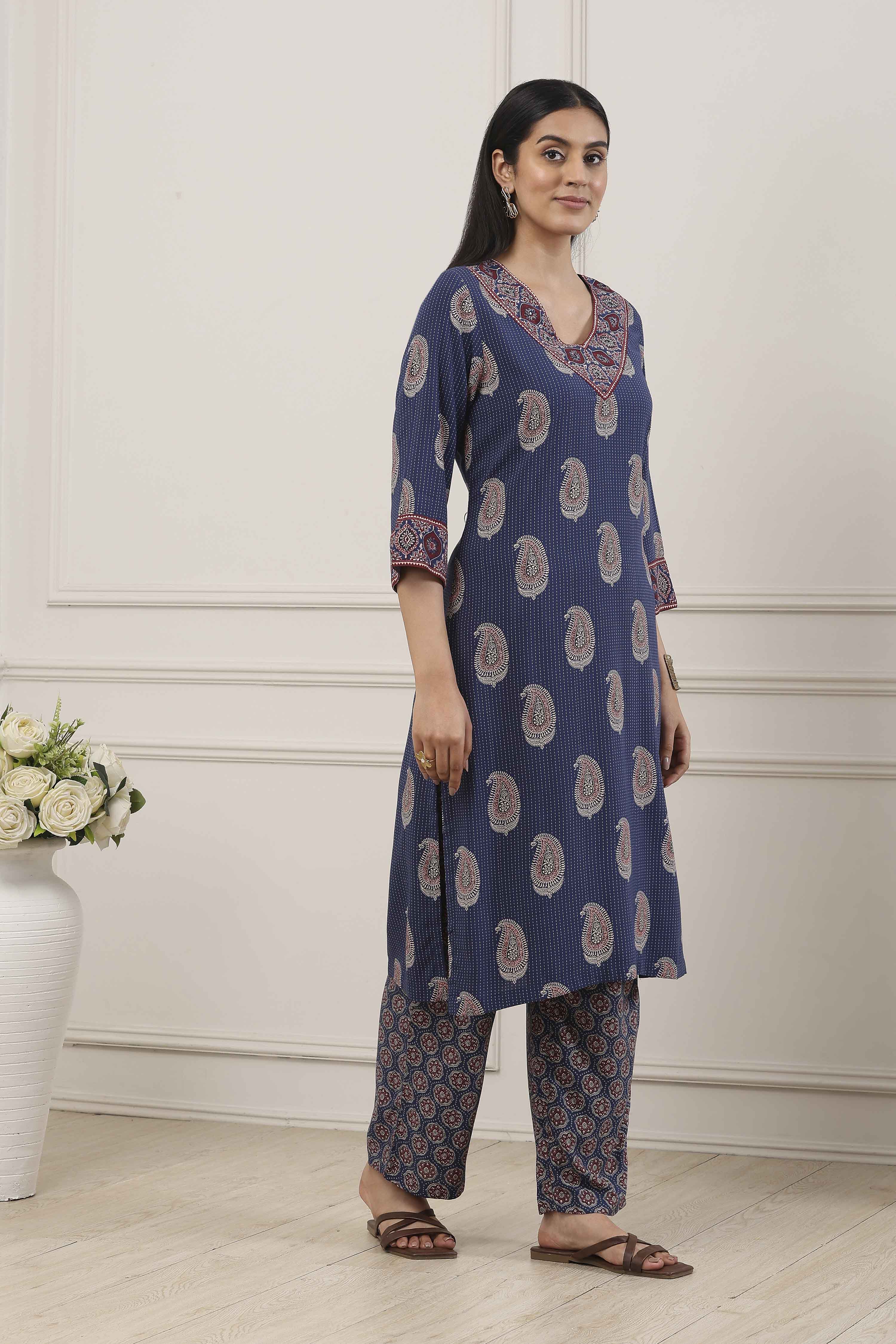 Blue Viscose Rayon Straight Kurta Palazzo Set image number 5
