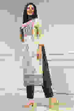 Off White Handloom Cotton Hand Block Print Unstitched Suit Set image number 4