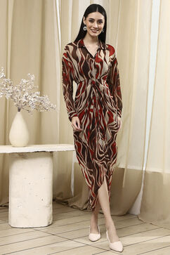 Brown Printed Gathered Tulip Dress image number 5