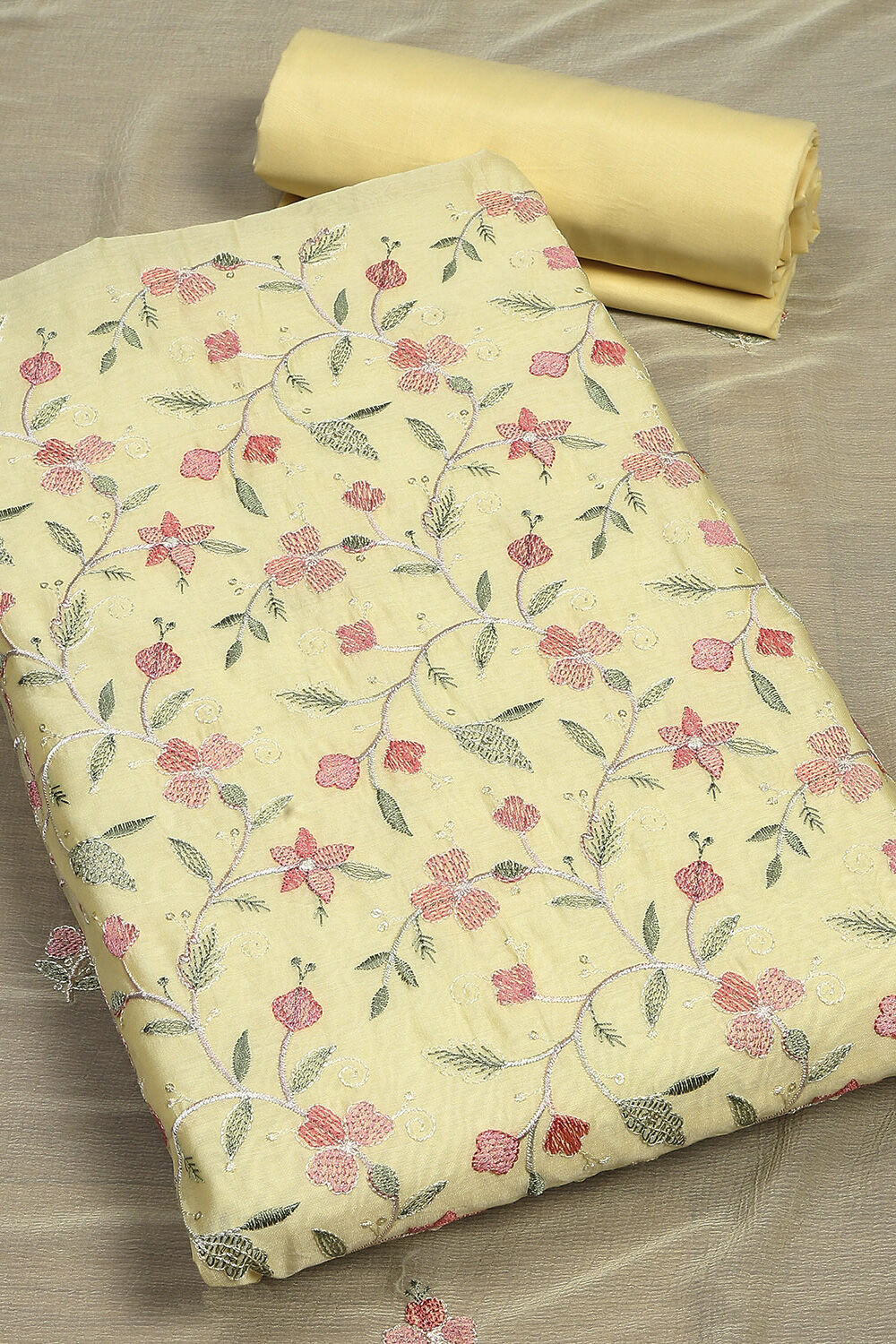 Yellow Chanderi Blend Unstitched Suit Set image number 1