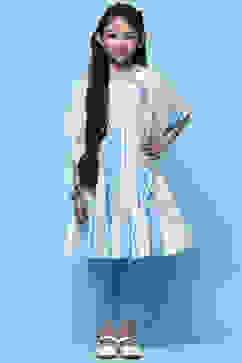 Blue Printed Cotton Kurta With Pants & Printed Scarf.  image number 7