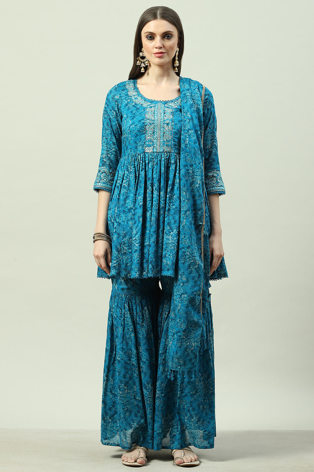 Teal Blue Cotton Anarkali Kurta Garara Suit Set image number 7