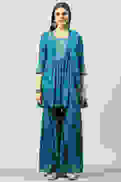 Teal Blue Cotton Anarkali Kurta Garara Suit Set image number 7