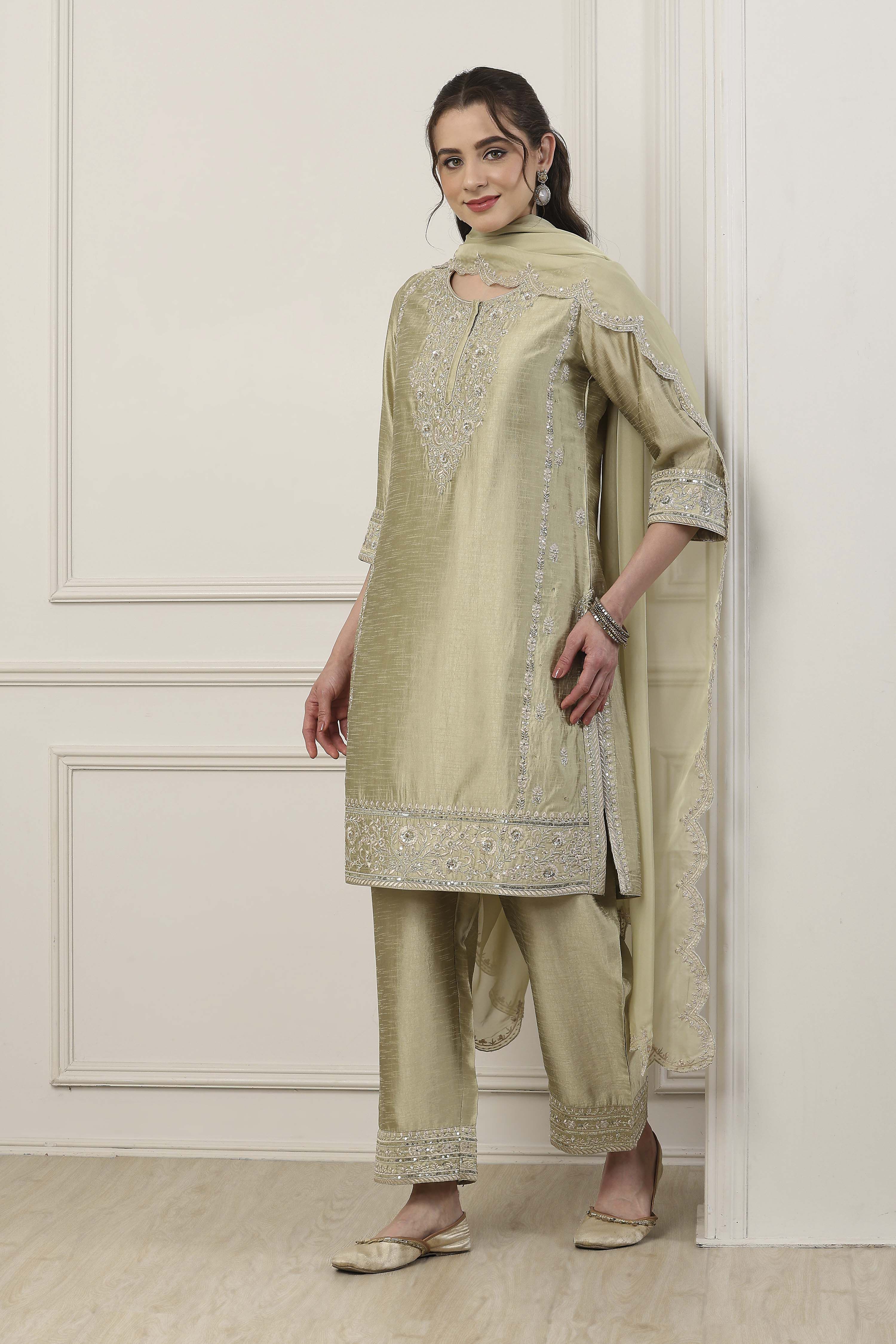 Green Poly Viscose Straight Suit Set image number 3