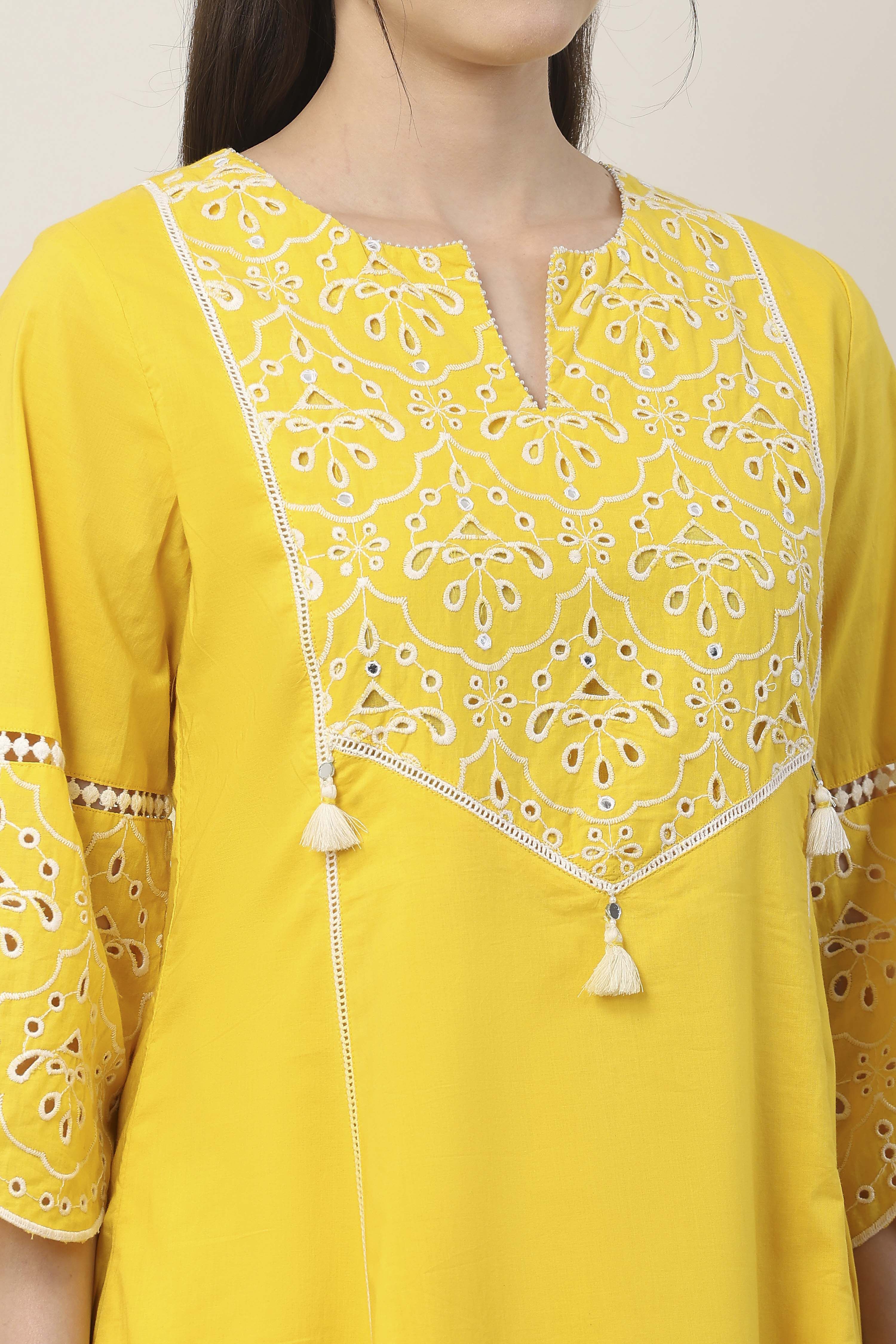 Yellow Cotton Schiffli Embroidered Kalidar Suit Set image number 2