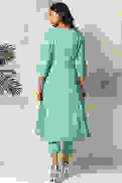 Sea Green Viscose Kalidar Kurta Slim Pant Suit Set image number 7