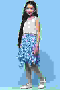 Blue & White Cotton Printed Handkerchief Fem Dress image number 2