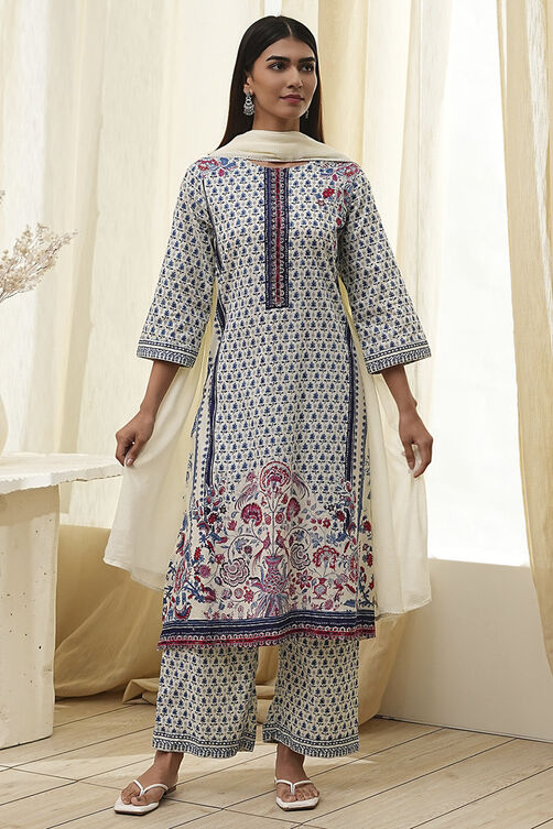 Off-White Cotton Printed Straight Suit Set image number 6