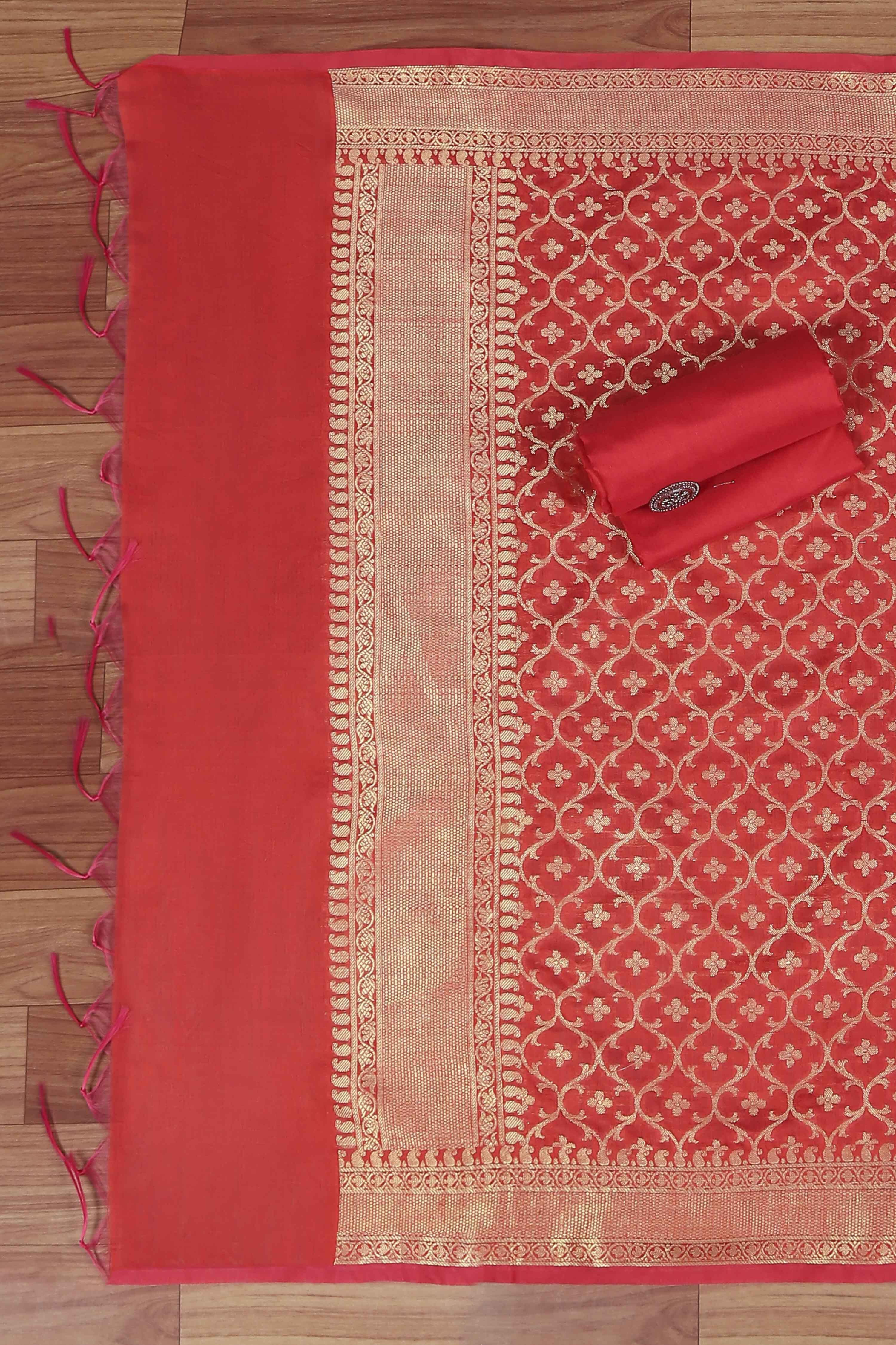 Red Cotton Printed Embroidered Unstitched Suit Set image number 3