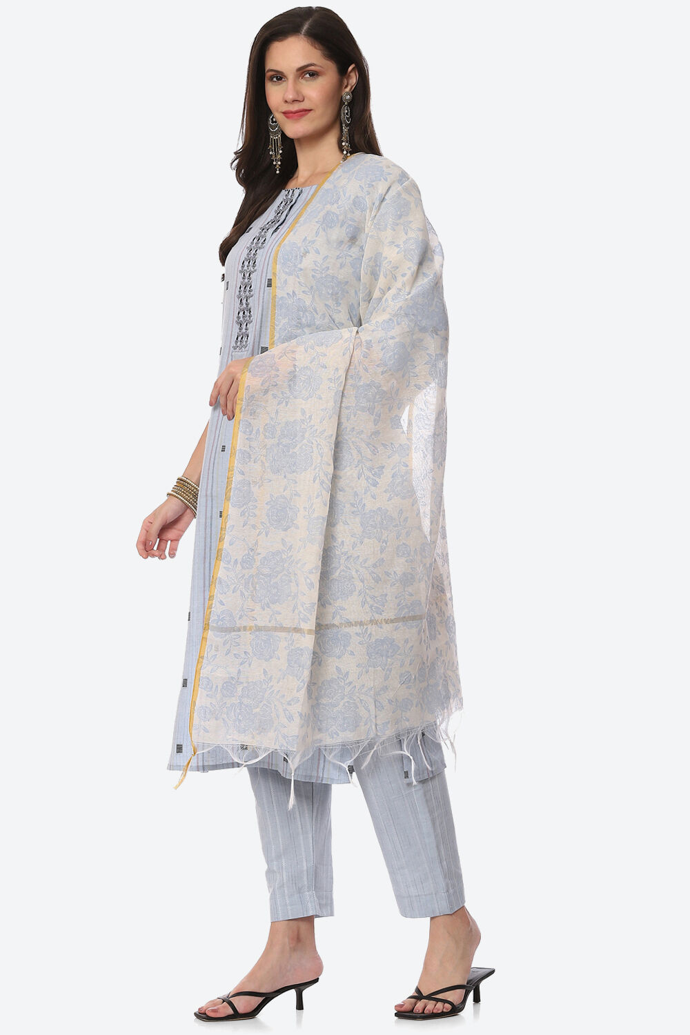 Light Blue Cotton Unstitched Suit Set image number 6