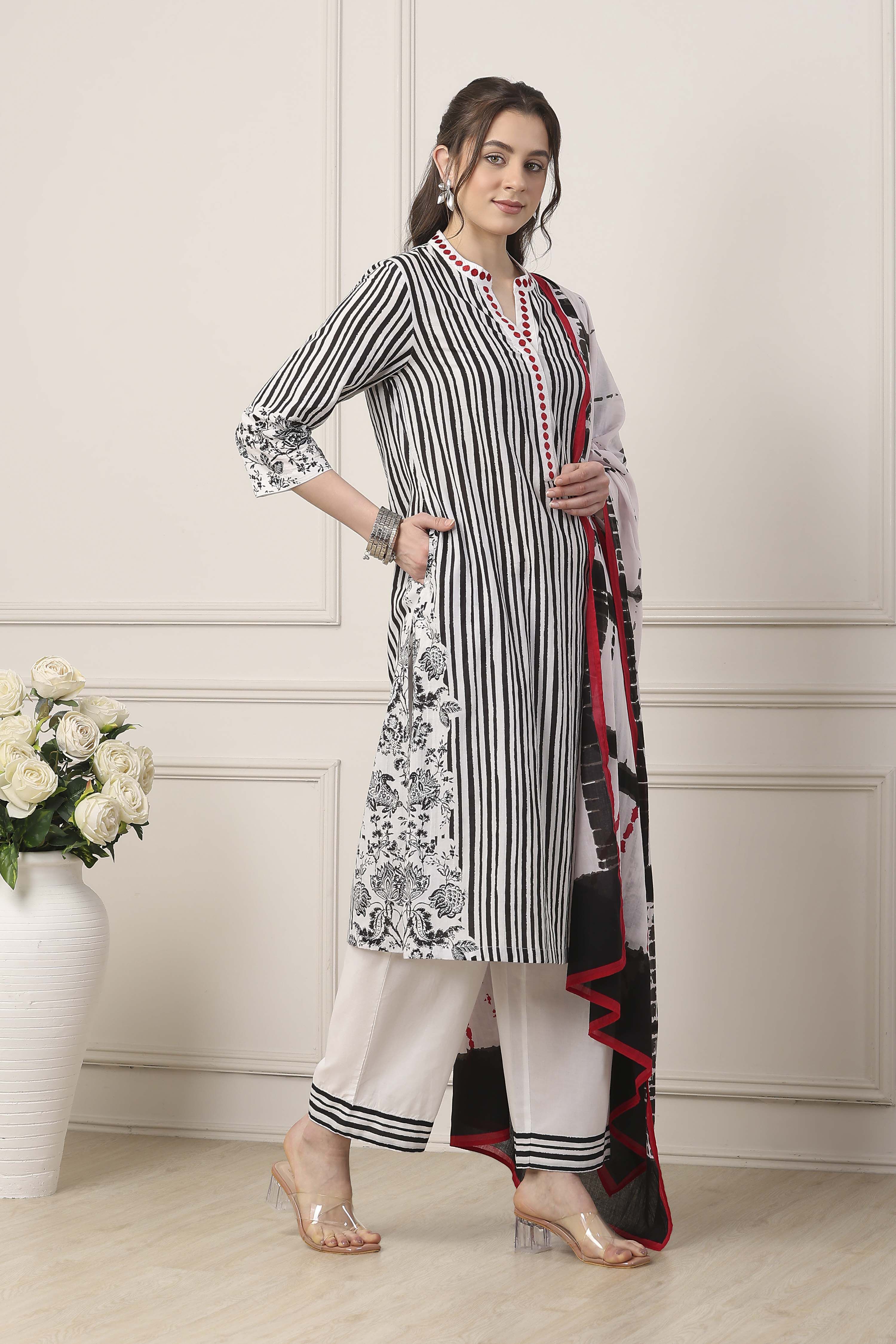 Black Cotton Floral Striped Straight Suit Set image number 5