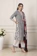 Black Cotton Floral Striped Straight Suit Set image number 5