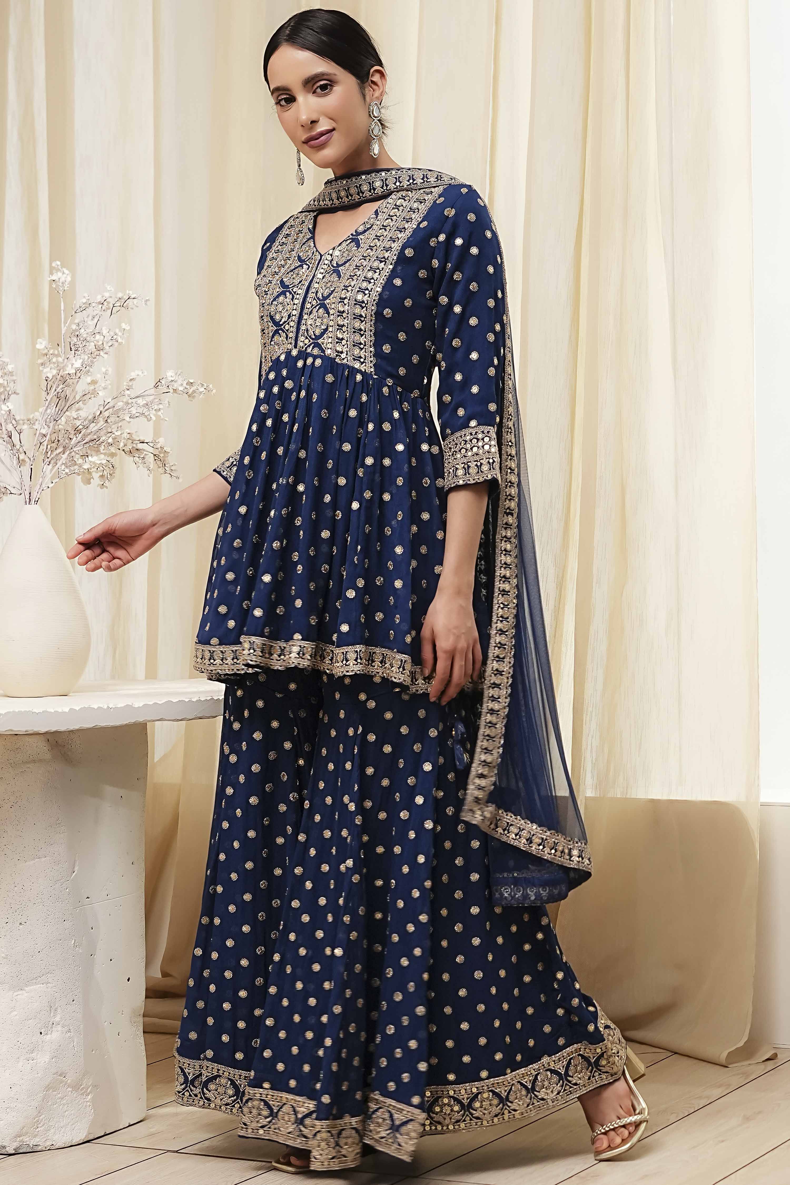 Ivory Georgette Embroidered Peplum Suit Set image number 4