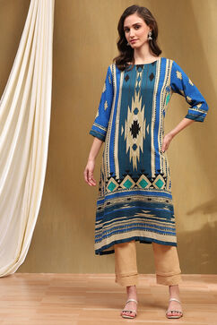 Blue Liva Geometric Printed Straight Kurta image number 5