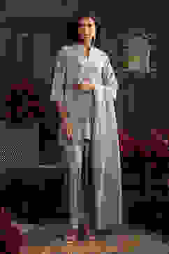 Earthy Blue Chanderi Embroidered Straight Suit Set image number 6