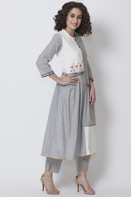 Grey Cotton A-Line Yarndyed Kurta image number 3