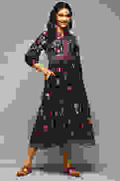 Black Cotton Straight Printed Kurta image number 0