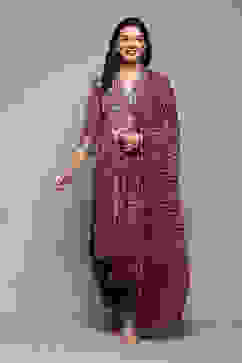 Beige Poly Chanderi Kalidar Printed Kurta Palazzo Suit Set image number 3