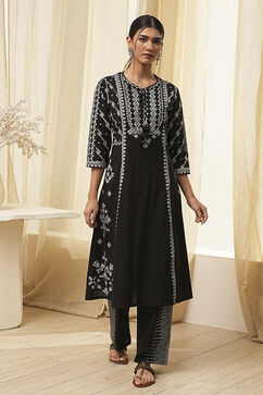 Black Pure Cotton Printed A-line Kurta Set image number 6