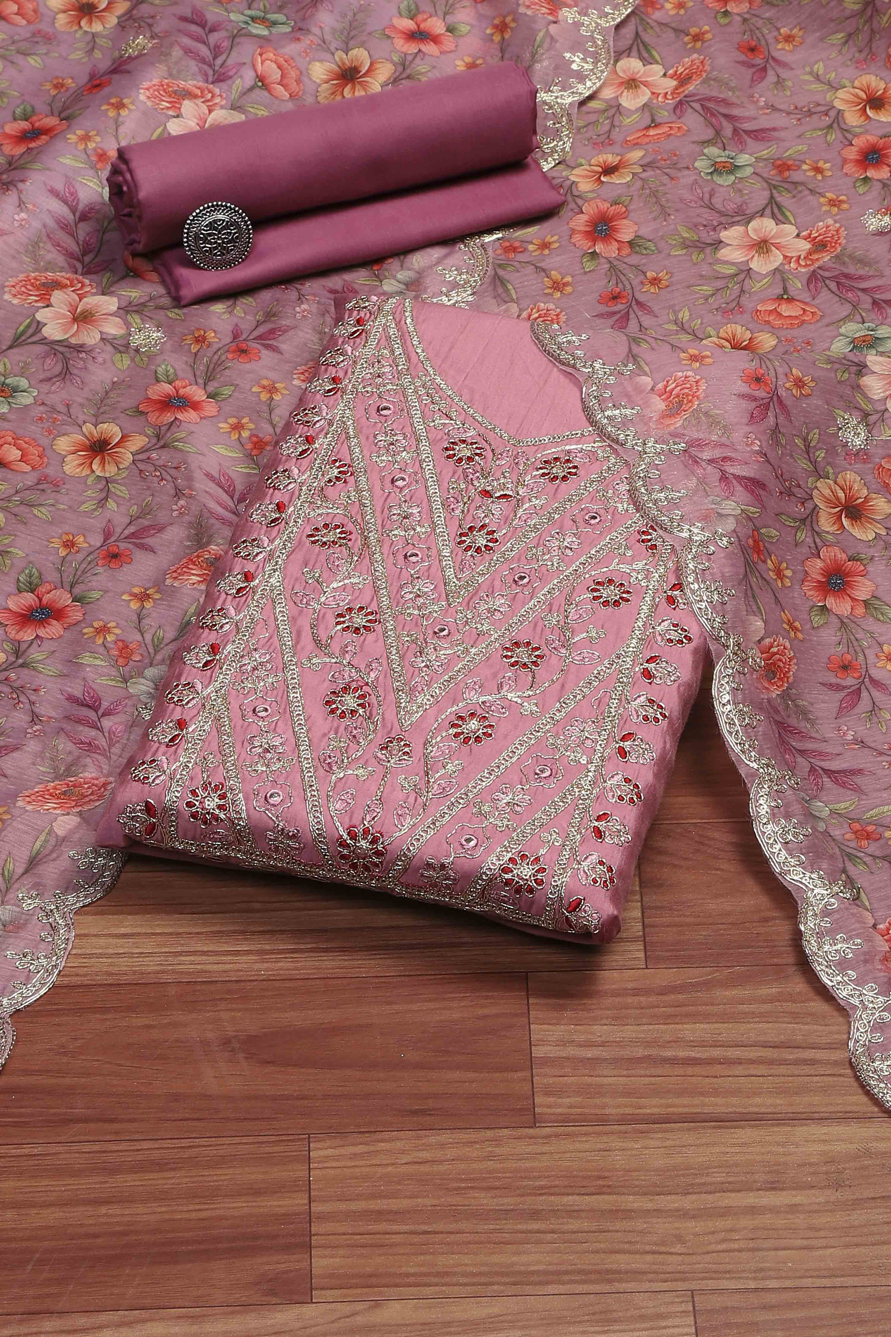 Teal Chanderi Unstitched Suit Set image number 0