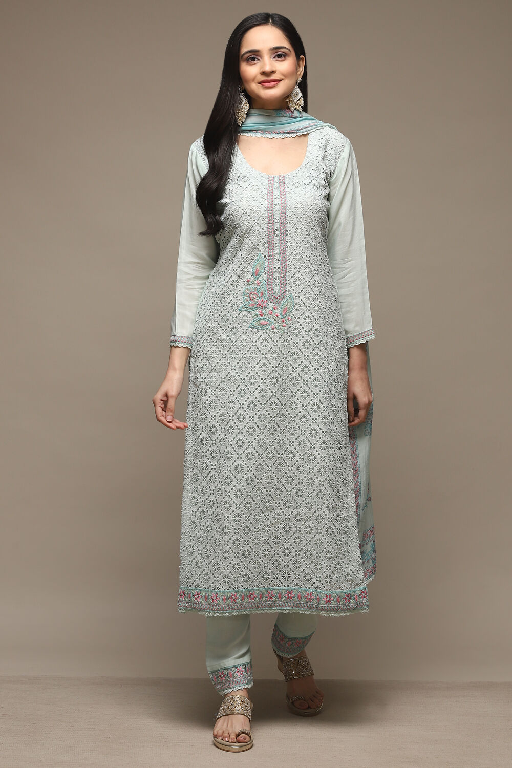 Light Green Muslin Lace Unstitched Suit Set image number 2