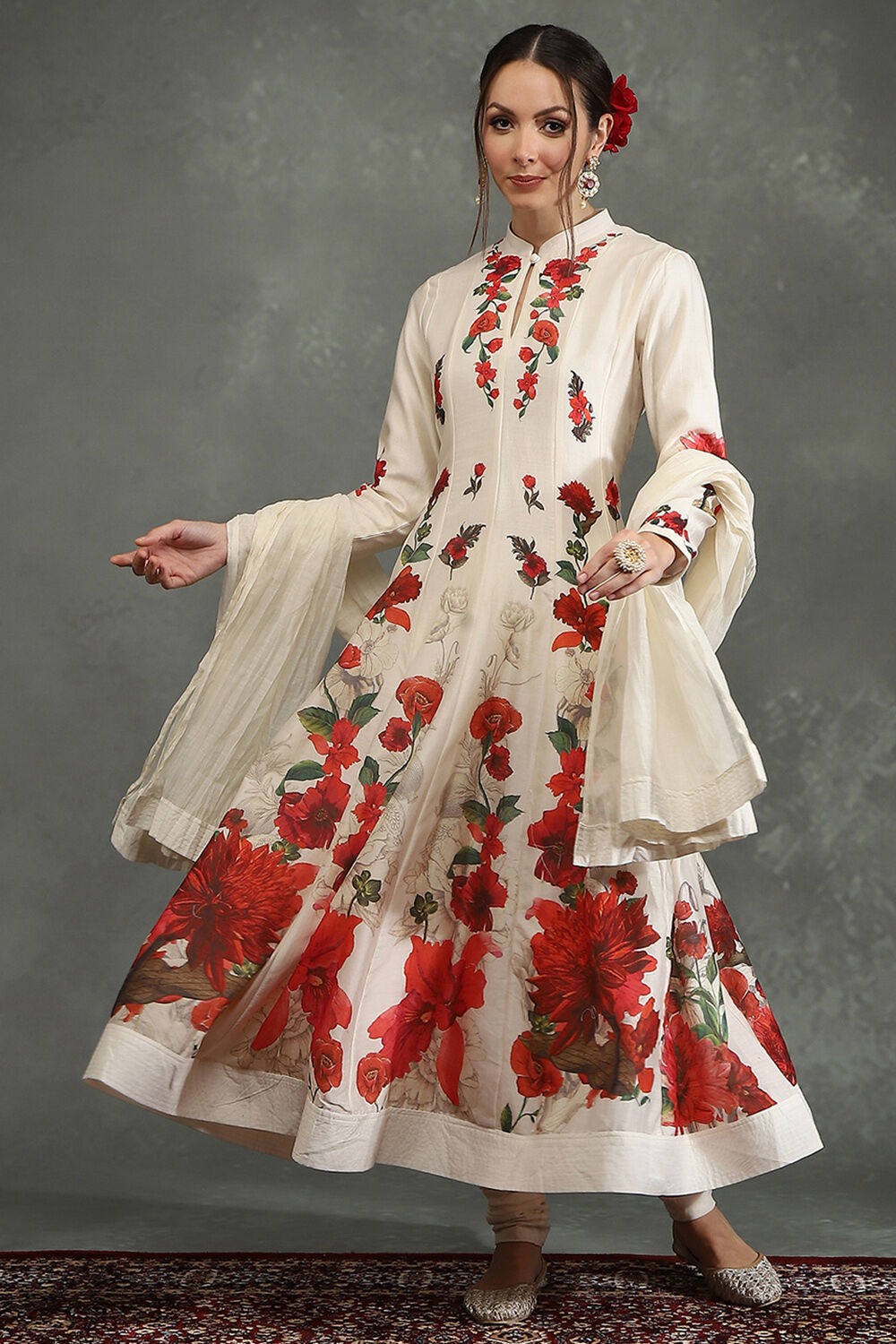Rohit Bal Ivory Silk Chanderi Floral Printed Kalidar Suit Set image number 0