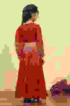 Red Viscose Rayon Printed Kalidar Lehenga Set image number 4