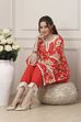Red Floral Lace Work Straight Suit Set